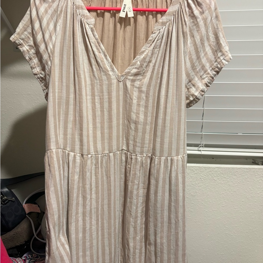 Pact Beige Striped Midi Dress